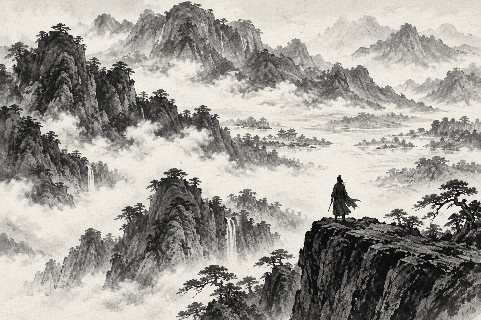 江湖旅人遥望层叠水墨群山
